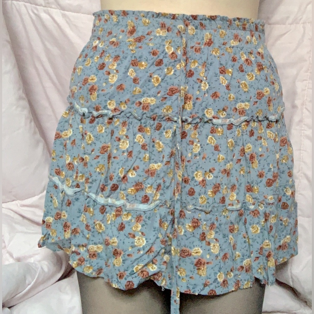 Indigo Rising Ruffled Mini Skirt in Florals & Blue
